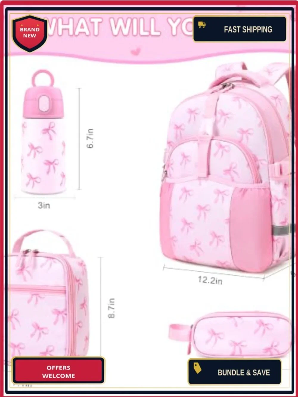 Kids Backpack Set with Insulated Water Bottle, Lunch Box, Pencil Case for School